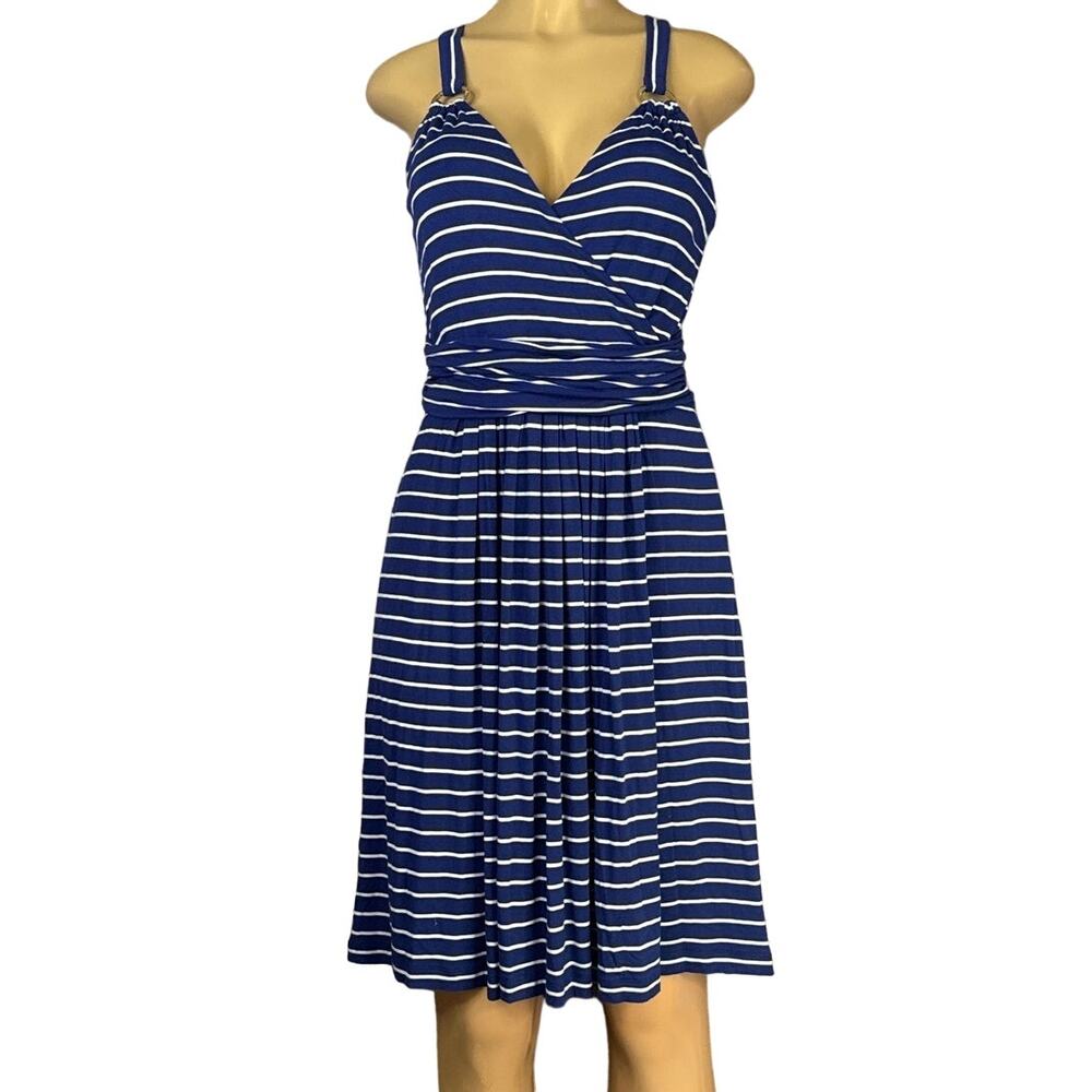 Calvin Klein Cross Strap Sleeveless Dress Blue White Stripe SZ 10
